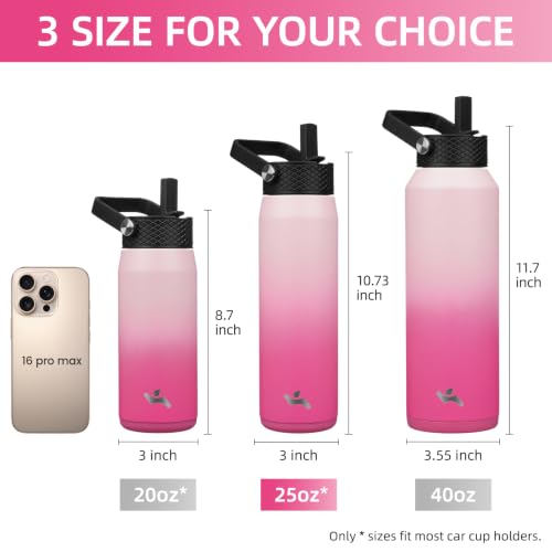 Image of Konokyo 25oz Insulated Stainless Steel Water Bottle with 3 Lids, Leakproof BPA-Free Bottle with Straw Lid, Sip Lid and Flex Cap for Gym, Travel, School, Office, Cherry Blossom