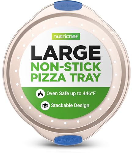 NutriChef Teglia per Pizza Antiaderente da 33 cm, Teglia Forno Rotonda in Acciaio al Carbonio con Fori Perforati con Manici in Silicone Antiscivolo, Lavabile in Lavastoviglie, Oro Champagne