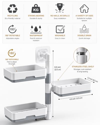 Image of Zollyss 3 Layer Self Adhesive Soap Holder for Bathroom | 180 Rotatable Wall Mounted Soap Stand | No Drill Stickable Soap Dish with Removable Drain Tray | Bathroom & Kitchen | Off White