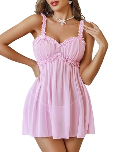 Avidlove Lingerie for Women Sexy Baby Doll Dresses Plus Size Lace Babydoll Lingerie Women Boudoir Outfits with Thong 2 Piece Pink