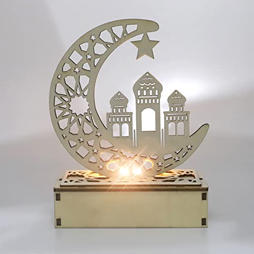 WANGCL Eid Crafts Night Light Ramadan Mubarak Lamp Decorations 3D Handmade Wooden Moon Star LED Lights Decor Gift for Muslims Home Party Supplies(Moon Palace) - Image 2