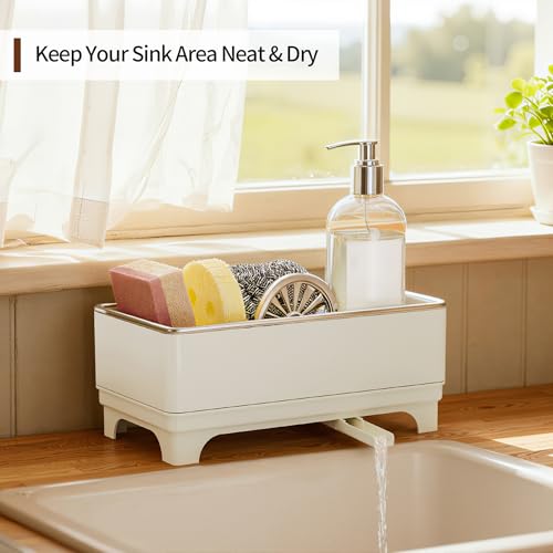 Sponge Holder for Kitchen Sink – Rustproof Stainless Steel, 360° Rotating Drain Pipe, Large Counter Organizer with Drip Tray for Sponges, Brushes & Dish Cloths Off-white