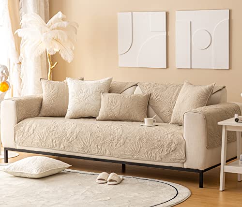 Vctops Leaves Embroidery Cotton Sofa Cover Non-Slip Quilted Sectional Couch Covers Tropical Plants Pattern Solid Color Sofa Slipcover For Dogs, Children, Pets Furniture Protector (Khaki,43"X94") #TOP2