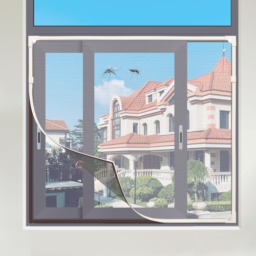 Magnetic Window Screen, DIY Window Screen for House Adjustable Fiberglass Mesh White Frame Grey Net Self Adhesive Easy Installation (32"x23"(81x58cm)) by Maguesh - Used condition - CA$13.29
