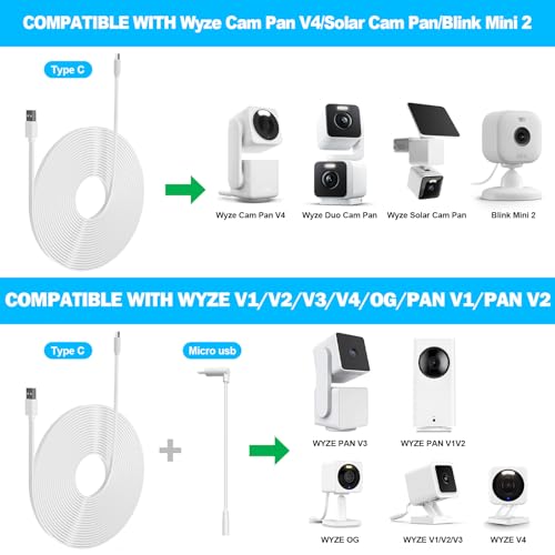 Image of 2 Pack 10FT Power Extension Cable Compatible with Wyze Cam v4 /v3 /OG,Wyze Cam Pan v3 /v4,Blink,eufy,NestCam Indoor,Amazon Cloud Camera,USB A to USB C (White)