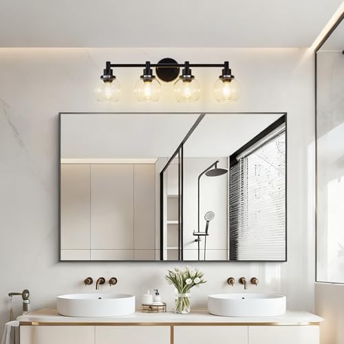 Image of 4-Light Bathroom Light Fixture Black Vanity Lights Over Mirror Modern Wall Sconce Farmhouse Vintage Bathroom Vanity Lighting with Glass Shade for Bedroom Hallway Cabinet Bathroom