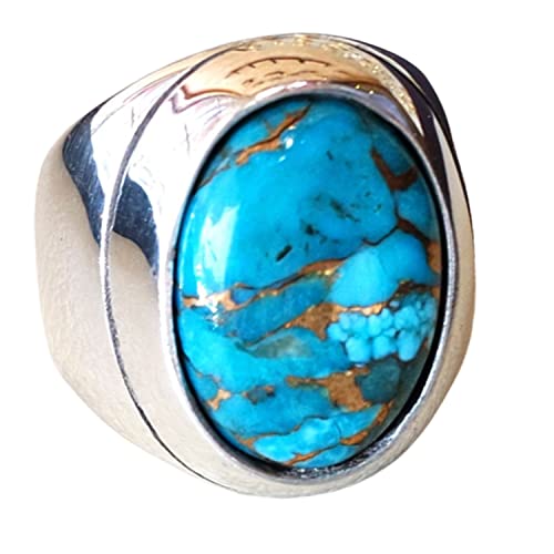 Bague ovale turquoise en cuivre bleu, bague de style arabe avec pierres précieuses en argent sterling 925, chevalière pour homme, bague de déclaration,...