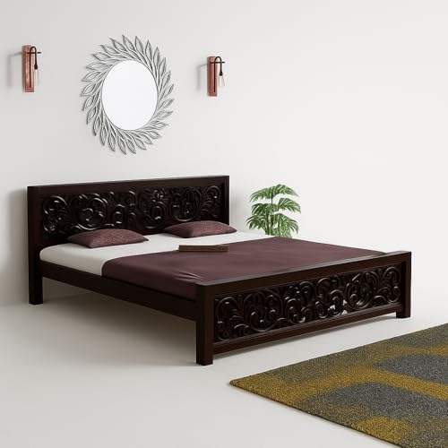 Image of Sheesham Wood Bed Without Storage Solid Wooden Cot Bed Elegant and Functional Bedroom Living Room Home (Walnut AB, King)