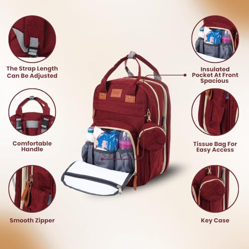 Image of Diaper Bag Backpack with Built-in Changing Station,Large Capacity Waterproof Mummy Bag with Bassinet,Insulated Pockets,Laptop Compartment & Organizer for Baby Essentials Travel,Unisex-Maroon