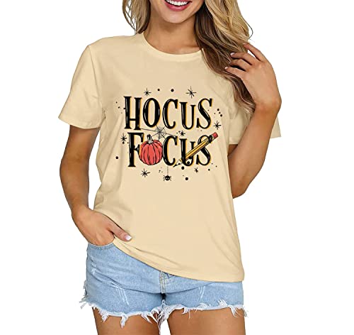 Teacher Halloween Shirt For Women Funny Hocus Pocus Tshirt Cute Pumpkin Graphic Tees Teacher Fall Season Tops (M, Light Yellow) #TOP1