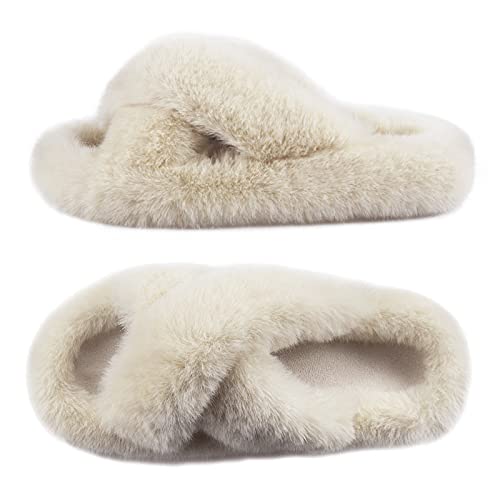 GRITHEIM Women's Orthopedic Arch Support Slippers Fuzzy Adjustable Orthotic Slippers for Plantar Fasciitis Ladies Furry Supportive Corduroy Memory Foam Open Toe Gift Slide, Beige, 7.5-8