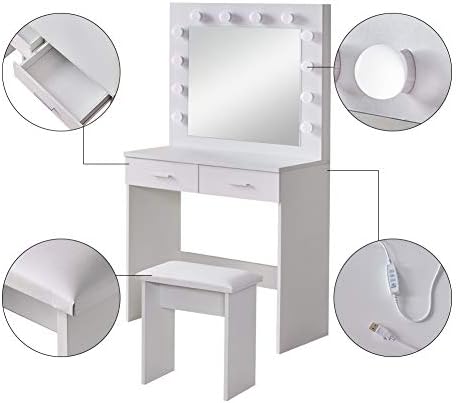 OFCASA White Dressing Table with Hollywood LED Lights Mirror and Stool 2 Drawers Girls Makeup Desk with Storage for Bedroom