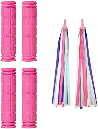 PLATT Bicycle Handle Bar Grips 2 Pairs Colorful Rubber Mushroom Grips with Ribbons Streamers for Balance Bikes, Scooters, and BMX Bicycle Handlebars
