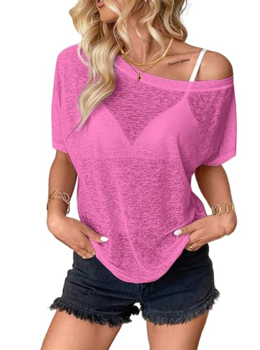 Image of Hilinker Women's Sheer Off The Shoulder Tops See Through Sexy Short Sleeve Mesh Shirt Summer