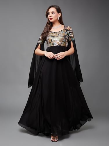 Image of Miss Chase Women's Round Neck Sleeve Embellished Fit Flare Maxi Dress