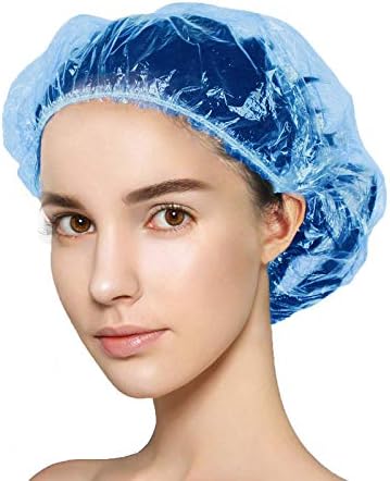 100+10 Shower Caps Disposable, Waterproof Plastic Bath Caps, Elastic Hair Processing Caps for Women Man Kids Girls, Hotel, Home Use (Blue)