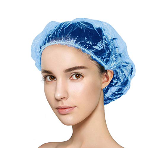 100+10 Shower Caps Disposable, Larger and Thicker Waterproof Plastic Bath Caps, Elastic Hair Processing Caps for Women Man Kids Girls, Hotel, Home Use (Blue)