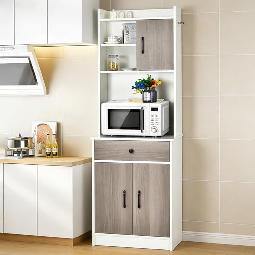 GIANTEX Küchenschrank Buffetschrank Küche, Mehrzweckschrank 60cm Breit, Mikrowellenschrank Hoch 180cm, Aufbewahrungsschrank mit Schublade & verstellbaren Einlegeböden, Hochschrank mit Kippsicherung