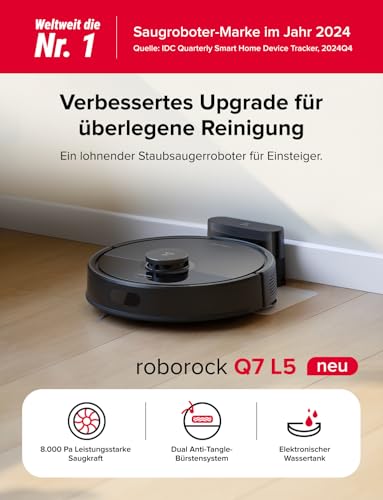 roborock Q7 L5 Saugroboter, Dual Anti-Tangle System, 8.000 Pa HyperForce Saugkraft, Präzise Navigation, Smart No-Go Zone, Einstiegsleistung, Perfekt für Haustierbesitzer (Schwarz) 2