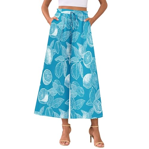 Womens Boho Floral Wide Leg Pants Casual High Waisted Drawstring Work Trousers Summer Vacation Pants with Pockets