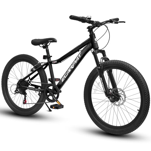 24 Inch Kids' Mountain Bike, 7 Speed Mountain Bicycle with Front Suspension, Front Disc Brake and Rear V-Brake, Carbon Steel Frame Outdoor Cycling City Bike for Teenager Boys Girls Gifts, Black