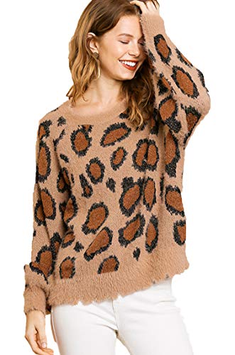 Umgee Womens Fuzzy Animal Print Pull Over Sweater (S, Latte) #TOP5