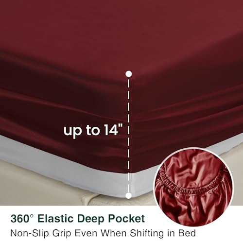 Love's cabin Satin Queen Sheets Set - 4 Piece Burgundy Silky Bed Sheets with Deep Pocket, Luxury Silk Feel Satin Queen Size Sheet Set (1 Flat Sheet,1 Fitted Sheet,2 Pillow Cases)