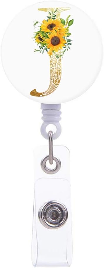 Nurse Badge Reel, Badge Reels Retractable, Name Decorative Badge Reel Clip on ID Card Holders for Cute Girls, Women, Nurse, Volunteer (Sunflower White Letter J)