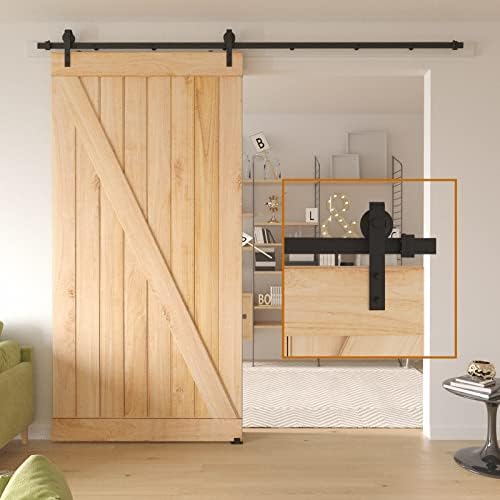 DonYoung 8FT Sliding Barn Door Hardware Kit, Heavy Duty Barn Door Track Kit Fits Single Door 42"-48" Wide, Smooth and Quiet Operation, Modular Track, Easy to Install (J Shape Hanger)