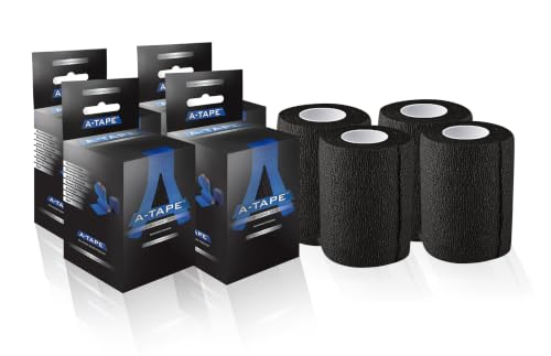 Image of A-Tape Breathable Self Adhesive Cohesive Bandage Wrap - Athletic Non-Woven for Sports, Medical Use, Injuries, Knee & Wrist Support - Suitable for Humans & Pets (Black, 7.5 cm Pack Of 4)