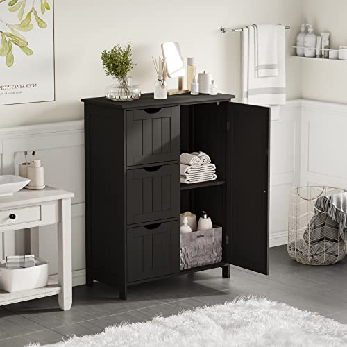 Reettic Bathroom Floor Cabinet, Wooden Freestanding Storage Cabinet, Side Storage Organizer With 1 Cupboard And 3 Drawers, Adjustable Shelf, 23.6" L X 11.8" W X 31.9" H, Black Bysg101B #TOP1