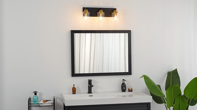 Image of Black and Gold Bathroom Light Fixture, 4 Light Brushed Gold Vanity Light, 27.5 inch Modern Farmhouse Bathroom Lighting Fixtures Over Mirror, with Clear Glass Shade, Vanity Lights for Bedroom Hallway