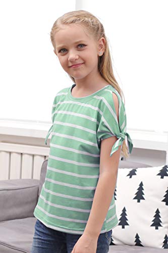Image of GORLYA Girls Slit Sleeve Tie Knot Cuff Knit Tunic Top 4-14Y | Seamless knit, cold shoulder slit sleeves with tie-knot cuffs, solid & stripe options, ideal for school and casual outings.