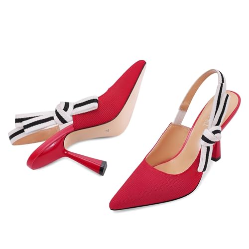 Image of HOCHFART Women's Slingback Kitten Heels Closed Pointed Toe Slip On Pumps | Bowknot, Elastic Slingback Strap, Office, Wedding, Bridal, Formal, Events, Church, Gathering, Casual Outing