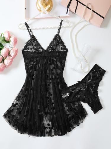 Image of Foxiny Sexy Ruffle Sheer Mesh Lace Wireless Babydoll Lingerie Dress with Thong 2 Piece