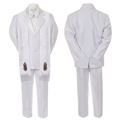 Image of New Born Baby Boy Baptism White Notch Lapel Suit Silver Guadalupe On Stole SM-20