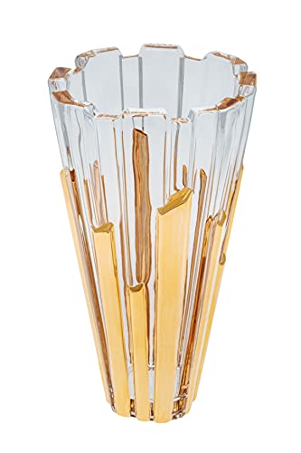 Bohemian Made Design Luxurious Decorative Tabletop Piano Golden Stripe Crystal Glass Flower Vase, 12" Height, Precious Wedding Home Decoration Gift #TOP1