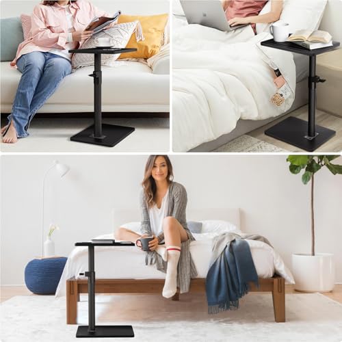 Image of YUHFERA Sofa Armrest Tray Table for Couch - 360 Swivel Height Adjustable End for Small Spaces, Snack Side Table for Bed or Chair with Phone & Tablet Slot (Black,Standard)