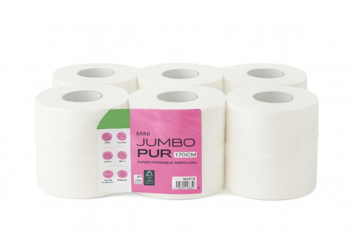 Papel higiénico Mini Jumbo 2 pliegues, 200 m, puro guata blanca, 12
