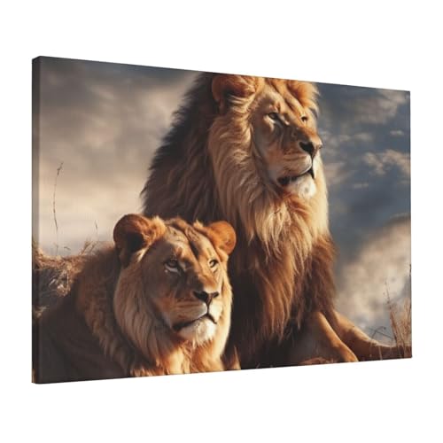 Tableau de deux lions impression HD en toile 40x60 cm pour salon