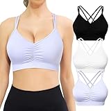 VEQKING Ruched Women Sports Bra for Full Coverage, Wirefree Criss-Cross Strappy Back Comfortable Yoga Bras, Medium Impact with Removable Pads for Big Chests, 3 Pack