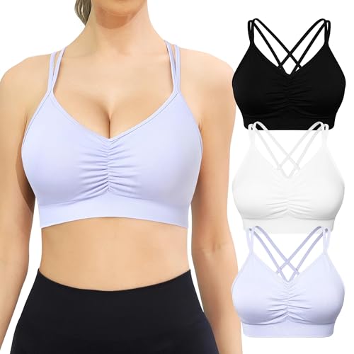 Image of VEQKING Ruched Sports Bras for Women Large Bust, Seamless Yoga Bra, 3 Pack | Removable Padded, Strappy Criss Cross Back, Medium Support for Yoga, Pilates & Gym, Full Coverage, No Bounce, No Spillage