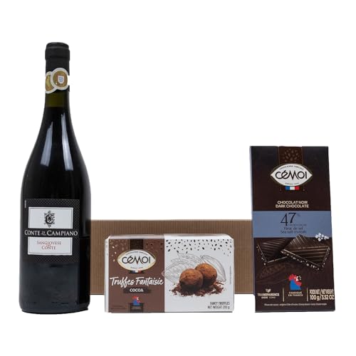 The Wine Guys Präsentkorb „Gaumenfreude“ Italienischer Rotwein Sangiovese und französische Schokoladentrüffel und Vollmilchschokolade als Geschenkset