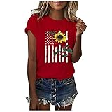 LADIGASU American Flag Sunflower T Shirts Women 4th of July Independence Day Shirt Cute Print Short Sleeve Tee Top Blouse Red