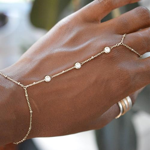Image of Long tiantian Hand Chain Bracelet Gold Link Finger Ring Slave Bracelet