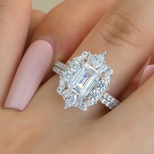 Vintage Emerald Cut Wedding Ring Set for Her Engagement Rings for Women 925 Sterling Silver Cubic Zirconia Cz Promise Anniversary Band Size 5-104