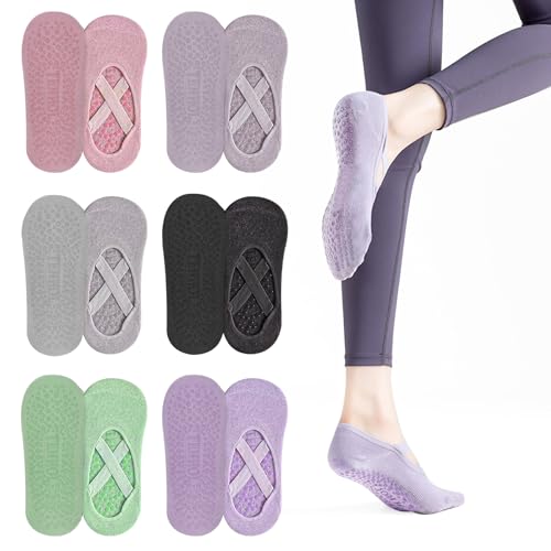 FICOFISE 6 Pares Calcetines Pilates Mujer Antideslizantes, Calcetines Antideslizantes Mujer Talla Única, Calcetines Yoga con Correas Elástica, Pilates Accesorios, para Yoga Ballet Fitness Danza