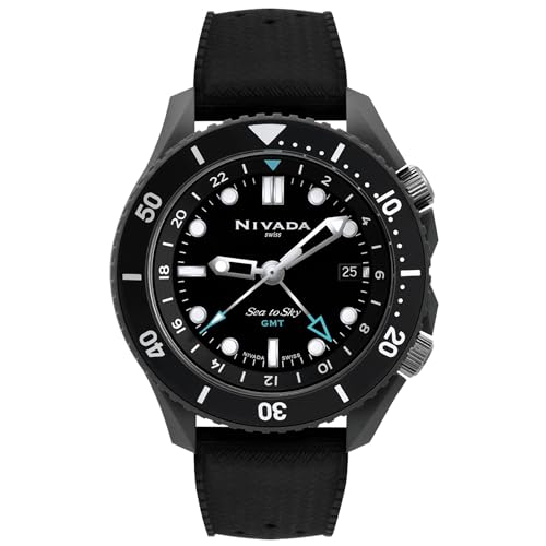 NIVADA SWISS Sea to Sky Reloj para Hombre Correa de Caucho Negro Carátula Negra Fechador al 3 Bisel GMT Indicadores Índices Manecillas Luminiscentes Caja de Acero Inoxidable 39MM