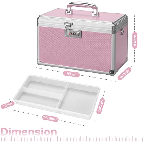Image of Medicine Lock Box with Combination Lock - 15 x 8.7 x 9.4 Inches - First Aid Safe Medication Storage Box, Personal Items Safe Case for Home and Outdoor - Pink