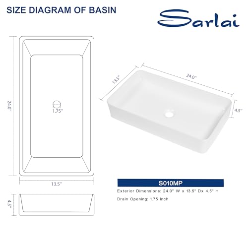 Sarlai 24 Vessel Sink Rectangle - 24 x 14 Inch Bathroom Sink Modern Large Rectangular Above Counter White Porcelain Ceramic Bathroom Vessel Vanity Sink Art Basin